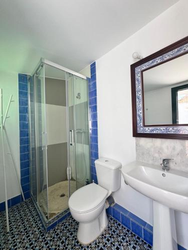 a bathroom with a toilet and a sink and a mirror at Espectacular Casa Cordobesa in Córdoba