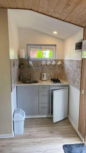 a small kitchen with a sink and a window at Namelis ,,Gilė” in Šventoji