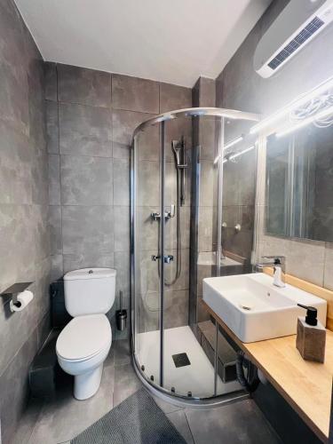 a bathroom with a shower and a toilet and a sink at Have Fun Apartment in Cubelles in Cubelles