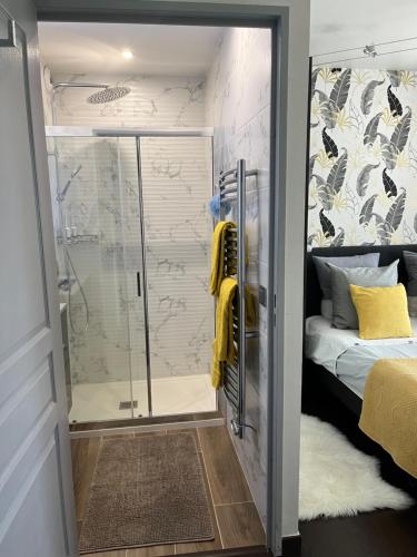 une salle de bain avec une douche avec une porte vitrée dans l'établissement Apartment in park with pool, à Cannes