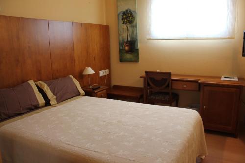 a bedroom with a bed and a desk and a window at Hotel Villa de Larraga in Larraga