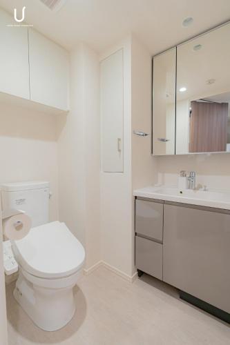 a white bathroom with a toilet and a sink at n'estate 横浜阪東橋 in Yokohama
