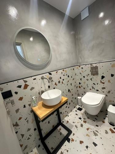 a bathroom with a sink and a toilet and a mirror at John&Nansy Cozy Apartment 1 in Plomarion