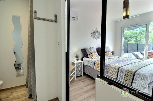 a bedroom with a bed and a mirror at Les Gites de Namaskar in Labégude
