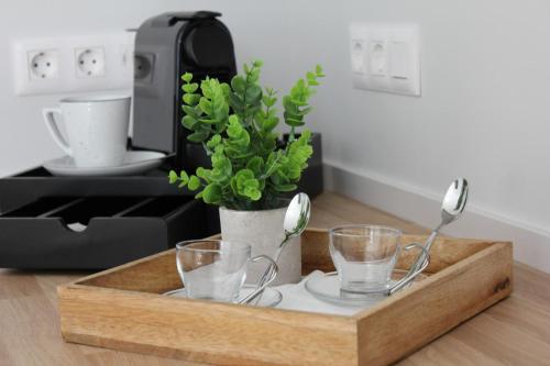 a wooden tray with two glasses and a potted plant at Nicole Home in Playa Blanca
