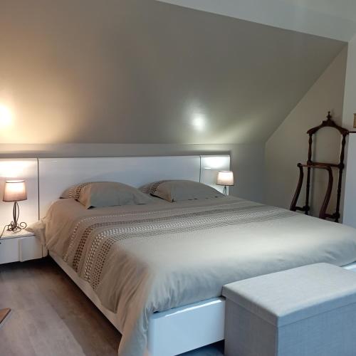 une chambre avec un grand lit blanc avec deux oreillers dans l'établissement Cottage cosy 3 étoiles à 25 mn de la côte de granit rose, à Bégard