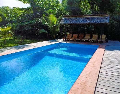 a blue swimming pool with chairs and a gazebo at Lekker Gezellig Dive Resort Manado in Bunaken