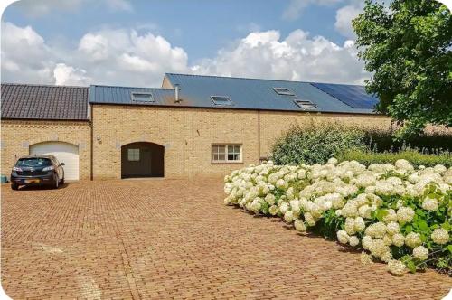a car parked in front of a brick building with white roses at Susberg 4 in Pelt