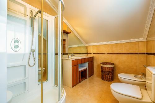 a bathroom with a shower and a toilet and a sink at Chalet en Sanxenxo con hermosas vistas y gran privacidad in Sear