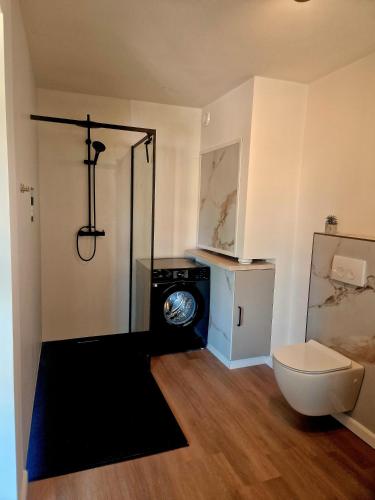 a bathroom with a toilet and a washing machine at Sonsbeek city apartment "De Merel" in Arnhem