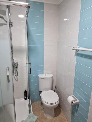 a bathroom with a toilet and a shower at Casinha da Galé in Galé