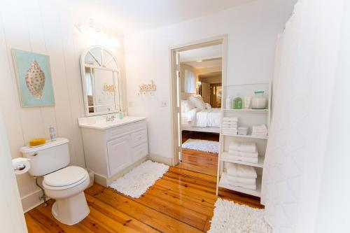 a bathroom with a toilet and a sink and a mirror at The Cottage House in Thompson