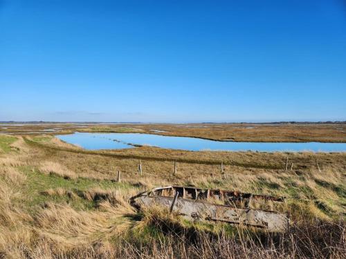 an old boat in a field with a body of water at Historic Retreat Near To Mersea Island in Peldon