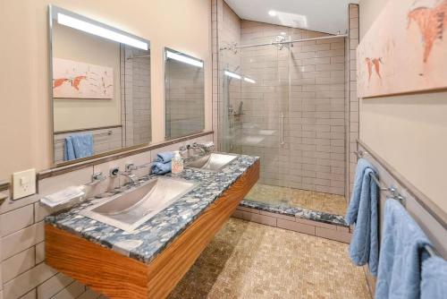 a bathroom with a sink and a mirror at Salishan Tree House Suite in Cowichan Bay