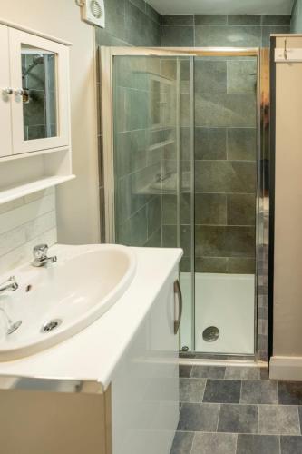 a bathroom with a sink and a shower at Southview Cottage in Boardmills