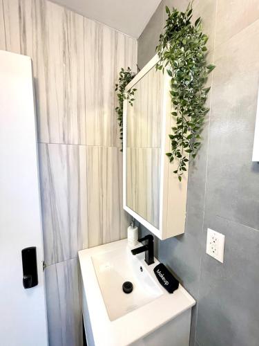 a bathroom with a sink and a mirror at Madison Ave Oasis in New York