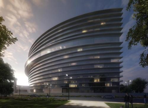 a curved building with people standing in front of it at Departamento Grand 4H-154 in Guadalajara