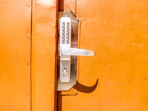 a close up of a door with a handle at Beautiful attic room R3 in Prague