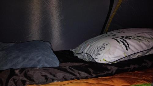 a bed with two pillows on top of it at Tentes suspendues D'En Haut in Friaudour