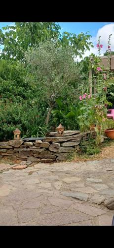 un jardin avec un mur en pierre et quelques plantes dans l'établissement La maisonette Mellona, à Chanzeaux