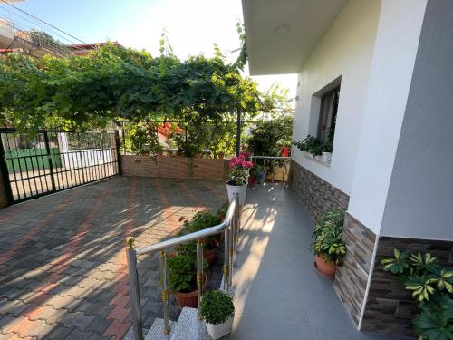 a balcony of a house with potted plants at Klarisa Beach Apartment in Golem