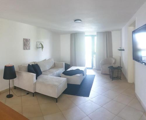 a living room with a couch and a tv at Ferienwohnung Weitblick in Wadgassen