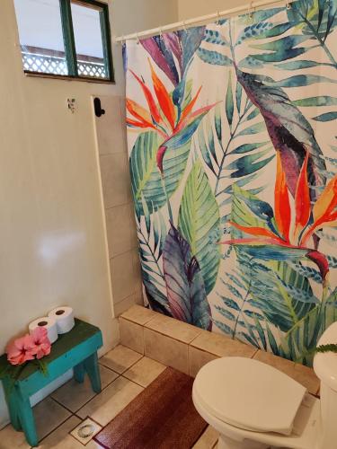 a bathroom with a shower with a colorful wall at Cabañas Iisi in Hanga Roa
