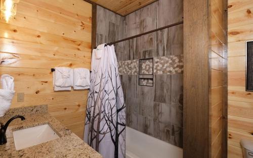 a bathroom with a shower and a sink at Rustic Timber in Sevierville