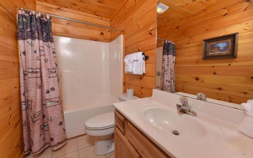 a bathroom with a toilet and a sink in a log cabin at Amazing Grace in Sevierville