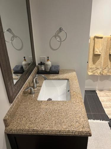 un baño con lavabo y espejo en Cozy and modern Pemberton Heights Suite, en North Vancouver