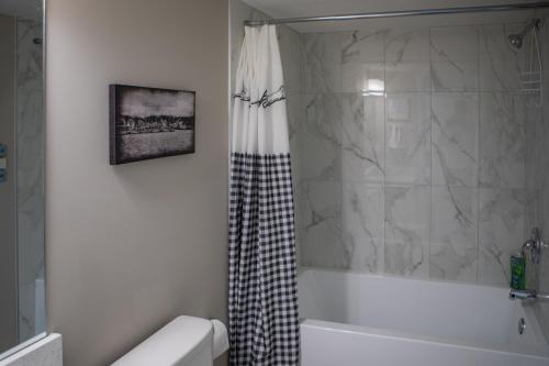 カルガリーにあるModern 2-Bedroom Suite with Private Access - 10 minutes from Calgary Airportのシャワー、浴槽、トイレ付きのバスルーム