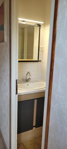 un bagno con lavandino e specchio di studio 20m a Saint-Martin-des-Noyers
