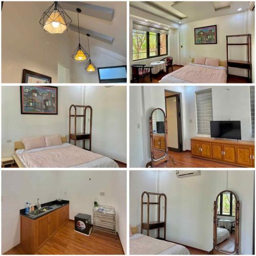 a group of four pictures of a bedroom with bunk beds at Lúa homestay in Hue