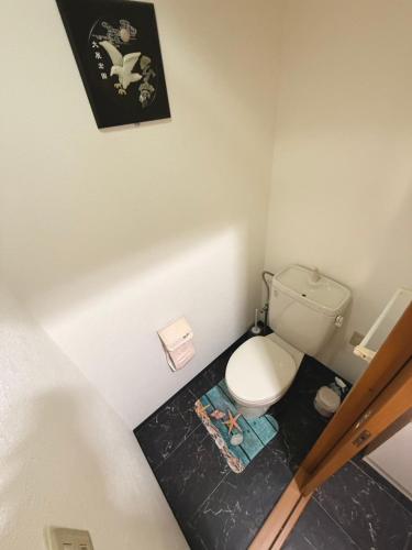 a small bathroom with a toilet and a picture on the wall at 華宝民泊 in Wada