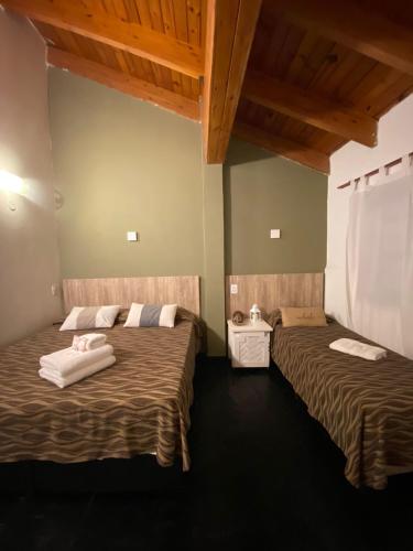 two beds in a room with green walls and wooden ceilings at Posada Alpenrose Neu in Villa Carlos Paz