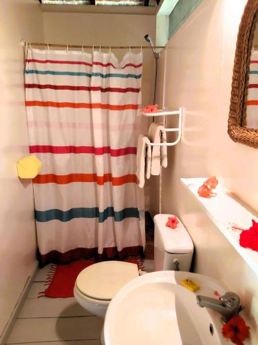 a bathroom with a shower curtain and a toilet at HUAHINE - Bungalow Picasso in Fare