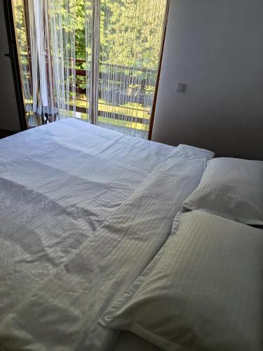 an unmade bed in a bedroom with a window at Complex Adela Transfăgărășan in Cîrţişoara