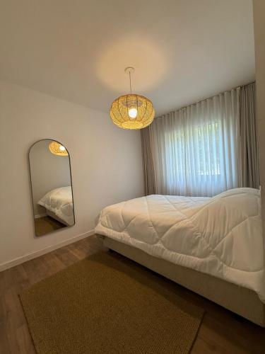 a bedroom with a bed and a large mirror at Apartamento Condominio Nogueira Petrópolis rj #3 in Bom Sucesso