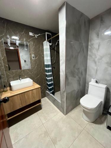 a bathroom with a toilet and a sink and a shower at Jaichi KIREI in Cajamarca
