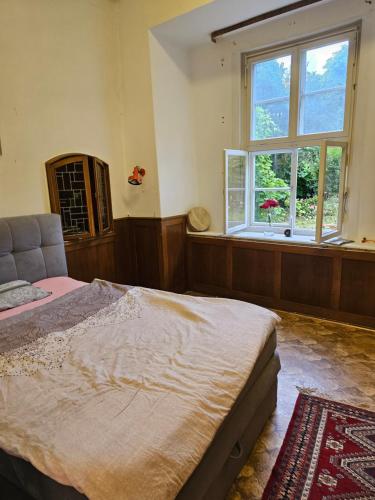a bedroom with a large bed and a window at Villa de Weser Hameln in Hameln