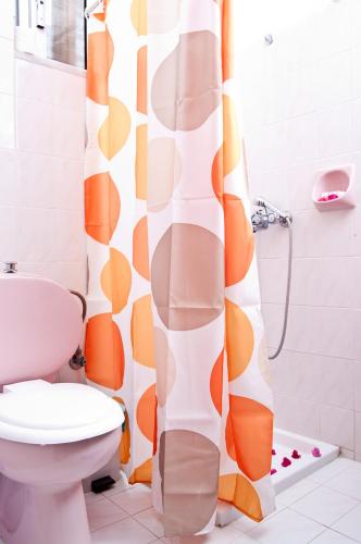 a bathroom with a toilet and a shower curtain at Antoniadi Rooms in Livadia