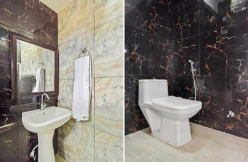 two pictures of a bathroom with a toilet and a sink at Sariska Celebration Hotel & Resort in Alwar