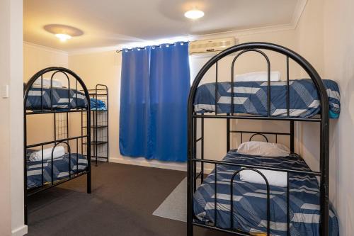 zwei eiserne Etagenbetten in einem Zimmer mit blauen Vorhängen in der Unterkunft Pelican Cottage in Dunsborough