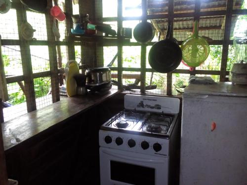eine Küche mit einem Herd und einigen Töpfen und Pfannen in der Unterkunft Beverly's Hill Guest House in Bocas del Toro