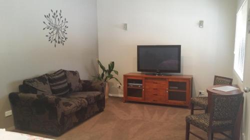 a living room with a couch and a flat screen tv at Lilacs Waterfront Villas & Cottages in Albany