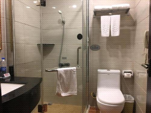 a bathroom with a shower with a toilet and a sink at Zhongshan Hui Quan Hotel in Zhongshan
