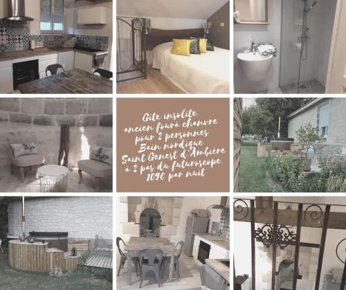 Un collage de fotografías de una habitación con chimenea. en Le Four à Chanvre, en Saint-Genest-dʼAmbière
