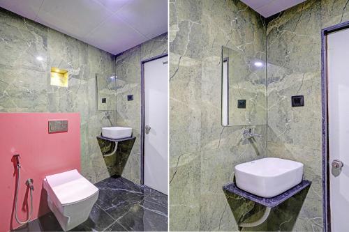 two pictures of a bathroom with a sink and a toilet at FabHotel Royal Manor - Hospital Chowk in Rajkot