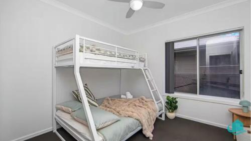 a white bunk bed in a room with a window at Stay A While at Murrays Beach in Cams Wharf