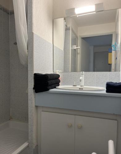 une salle de bain avec un lavabo et un miroir dans l'établissement Location appartement au Cap d'Agde, au Cap d'Agde